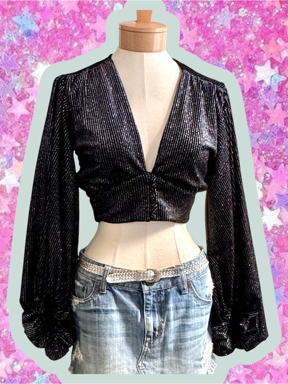 Signature8 retro cropped 70s 60s bell sleeve metallic cropped top 80s velvet